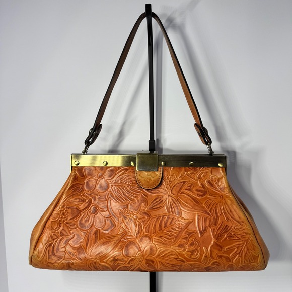 Patricia Nash Handbags - Patricia Nash Ferrara Frame Satchel Bag Tan Floral Embossed Genuine Leather